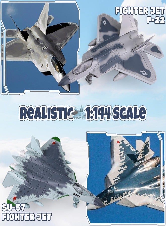 Crelloci 2-in-1 Diecast Fighter Jet Toy Set with Lights & Sounds, Pull Back Airplane F-22 & SU-57 1:144 Scale Military Aircraft Models with Display Stand, Gift for Kids & Collectors - Image 2
